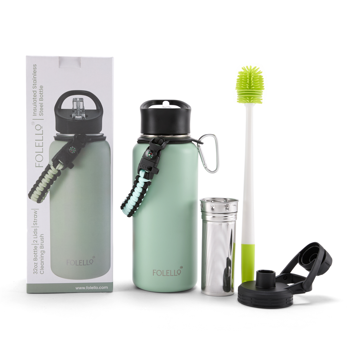 Folello 1L Thermos Steel Double Layer Vacuum Insulated Water Bottle | Keeps Drinks Hot for 12 Hours & Cold for 24 Hours | Includes Rope, Compass, Carabiner, 2 Lids (Straw & Flip-Up Spout) | Full-Length Steel Fruit Infuser | Detox Bottle | Mint Green