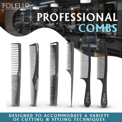 FOLELLO Barber's Carbon Fiber Hair Cutting/Dressing Combs Set of 6 + Bonus Hair Brush/Comb Cleaner