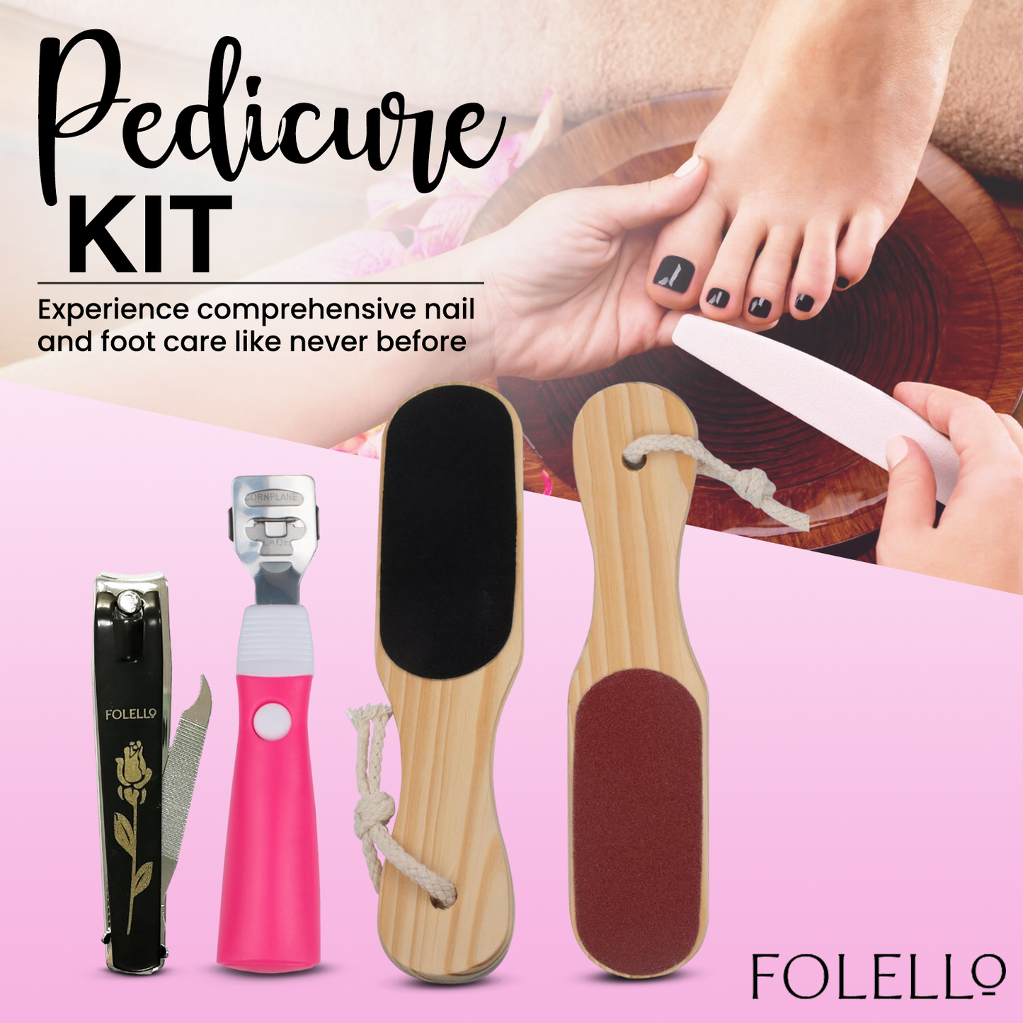 Complete Foot Care Set: Premium Nail Clipper, Wooden Double-Sided Foot Filer, Callus Remover, Pumice Stone