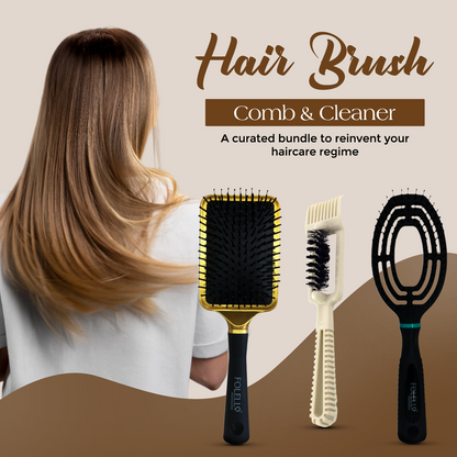 Set of 1 Golden Paddle Brush + 1 Vent Brush + FREE Hair Brush/Comb Cleaner