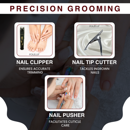 All-In-One Stainless Steel Nail and Foot Care Set: Nail Clipper, Nail Tip Cutter, Nail Pusher, Spoon Nail Cleaner, Nail Cleaner Brush, Nail Buffer, Nail Polish Separator, Foot Filer, Callus Remover, Pumice Stone, Nail File