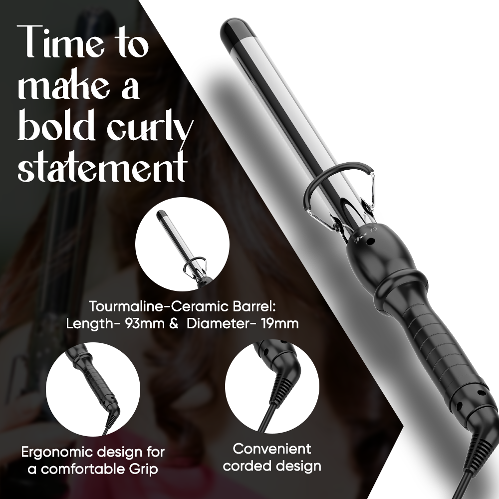Wave 19 - Curling Tong for Professionals, Salons and Home Use - Ergonomic Design & Comfortable Grip - Hair Curling, Styling - 19MM Barrel, Black