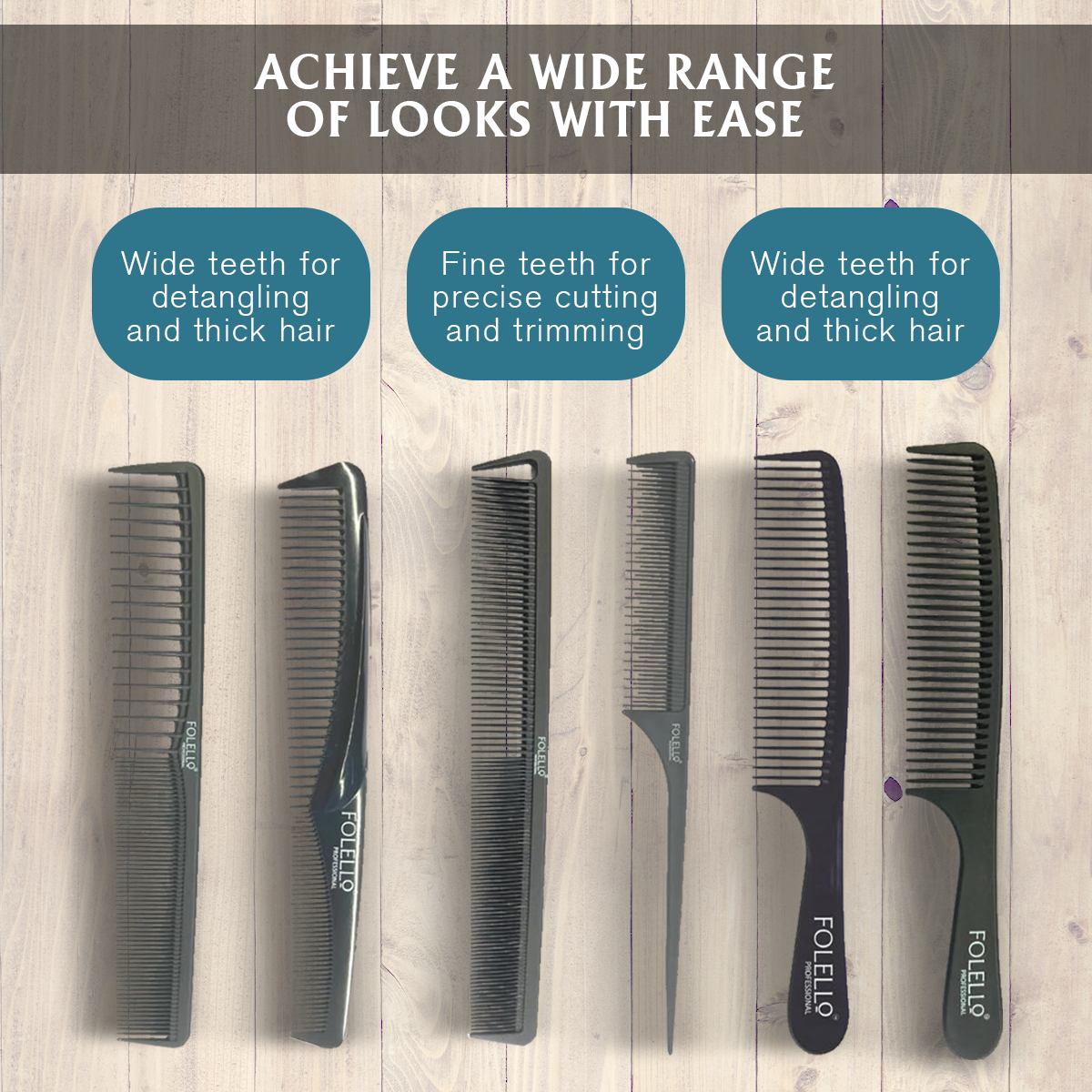 FOLELLO Barber's Carbon Fiber Hair Cutting/Dressing Combs Set of 6 + Bonus Hair Brush/Comb Cleaner