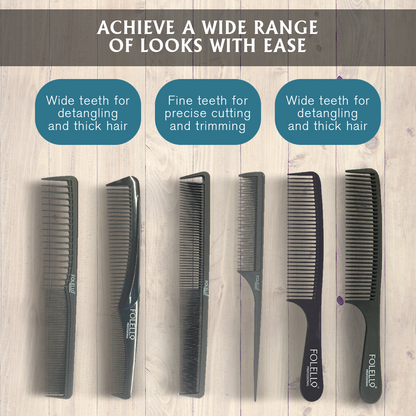 FOLELLO Barber's Carbon Fiber Hair Cutting/Dressing Combs Set of 6 + Bonus Hair Brush/Comb Cleaner