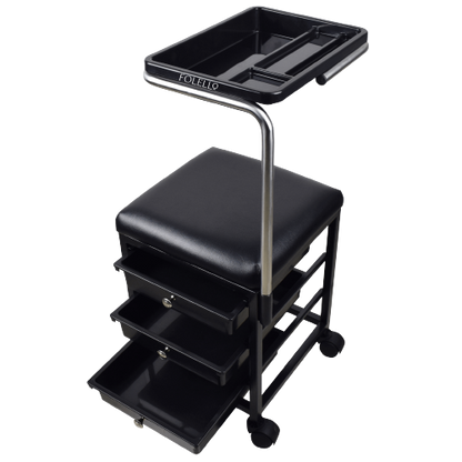 FOLELLO Adjustabele Pedicure Moveable Trolley Cart with Sitting Tool | Removable Accessory Tray with compartments | Handle Knob with Cushion Pads for Comfortable Seating (Black)