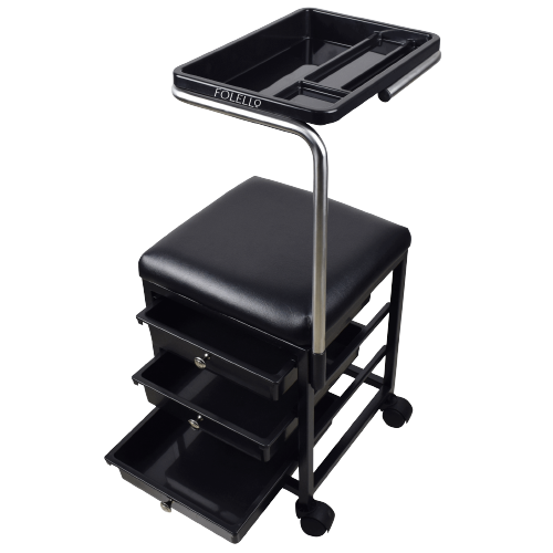 FOLELLO Adjustabele Pedicure Moveable Trolley Cart with Sitting Tool | Removable Accessory Tray with compartments | Handle Knob with Cushion Pads for Comfortable Seating (Black)