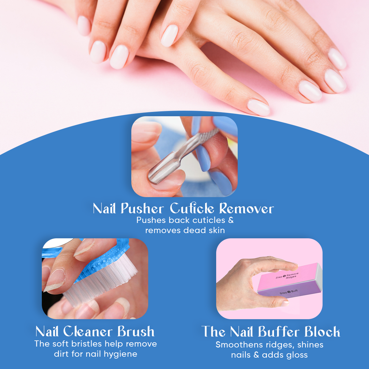 FOLELLO Nail Grooming Kit -1 Nail Clipper/Cutter with 1 Nail Tip Cutter, 1 Nail Cuticle Remover/Pusher, 1 Nail Cleaner Brush, 1 Nail Buffer Block, 1 Set of Pedicure Toe Separators for women, 1 Nail File