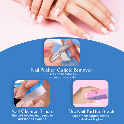 FOLELLO Nail Grooming Kit -1 Nail Clipper/Cutter with 1 Nail Tip Cutter, 1 Nail Cuticle Remover/Pusher, 1 Nail Cleaner Brush, 1 Nail Buffer Block, 1 Set of Pedicure Toe Separators for women, 1 Nail File
