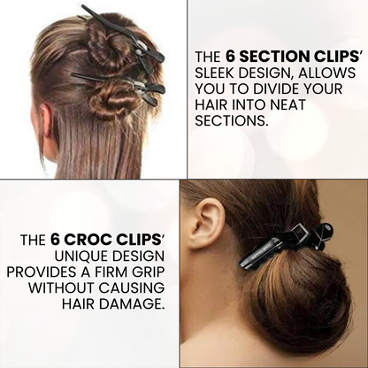 FOLELLO Hair Clips Set: 6 Croc Clips and 6 Section Clips for Hair Styling and Sectioning