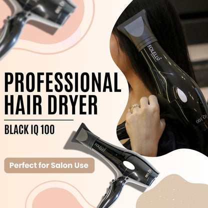 iQ 100- FOLELLO Professional Hair Dryer with AC Motor – Lightweight & Stylish Hair Dryer for both Men & Women, Cool Shot Button for Quick Drying, Black