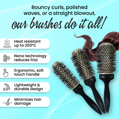FOLELLO Ceramic Round Hair Blow Dry Brush Trio: 32mm, 42mm, 52mm + Free Hair Brush/Comb Cleaner