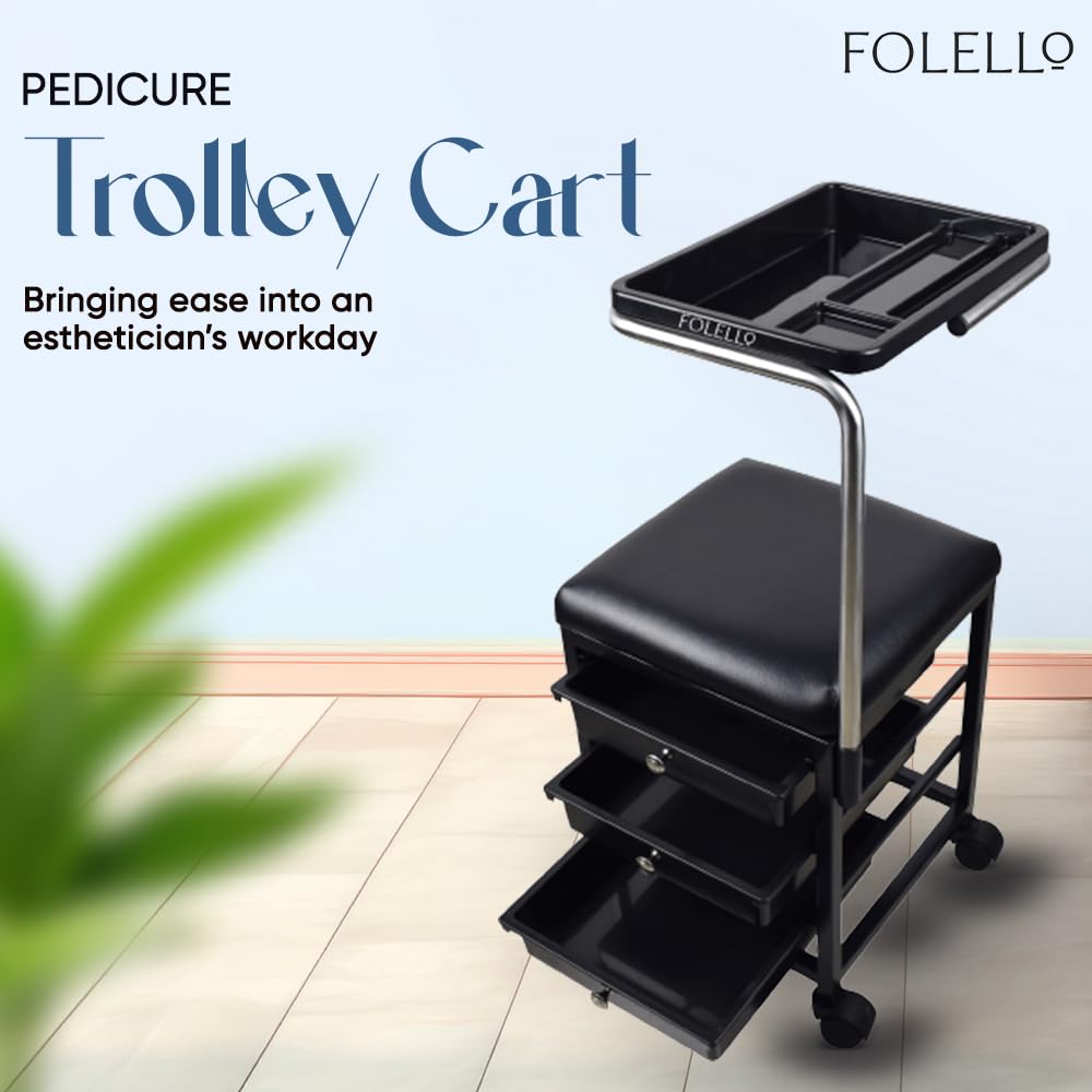 FOLELLO Adjustabele Pedicure Moveable Trolley Cart with Sitting Tool | Removable Accessory Tray with compartments | Handle Knob with Cushion Pads for Comfortable Seating (Black)