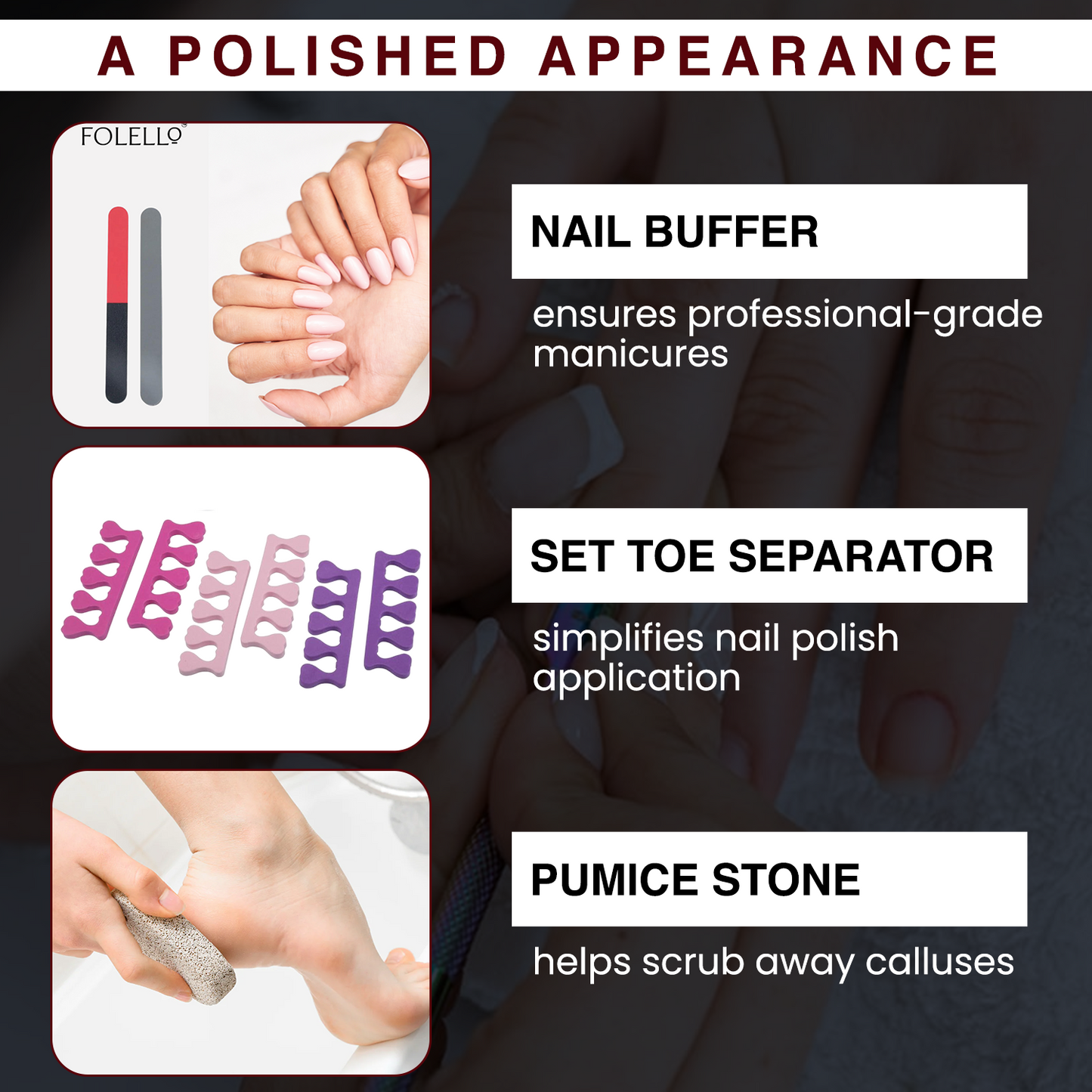 All-In-One Stainless Steel Nail and Foot Care Set: Nail Clipper, Nail Tip Cutter, Nail Pusher, Spoon Nail Cleaner, Nail Cleaner Brush, Nail Buffer, Nail Polish Separator, Foot Filer, Callus Remover, Pumice Stone, Nail File