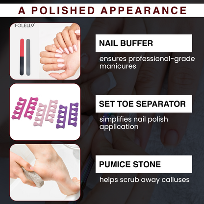 All-In-One Stainless Steel Nail and Foot Care Set: Nail Clipper, Nail Tip Cutter, Nail Pusher, Spoon Nail Cleaner, Nail Cleaner Brush, Nail Buffer, Nail Polish Separator, Foot Filer, Callus Remover, Pumice Stone, Nail File