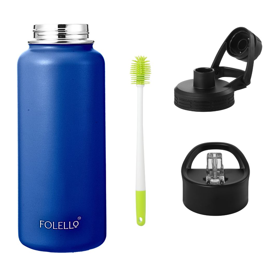 FOLELLO 1L Thermos Steel Double Layer Vacuum Insulated Water Bottle | Keeps Drinks Hot for 12 Hours & Cold for 24 Hours | Includes Rope, Compass, Carabiner, 2 Lids (Straw Lid & Flip-Up Spout Sports Cap) | Perfect for Outdoor | Stylish Blue