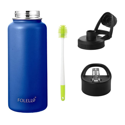 FOLELLO 1L Thermos Steel Double Layer Vacuum Insulated Water Bottle | Keeps Drinks Hot for 12 Hours & Cold for 24 Hours | Includes Rope, Compass, Carabiner, 2 Lids (Straw Lid & Flip-Up Spout Sports Cap) | Perfect for Outdoor | Stylish Blue