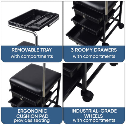 FOLELLO Adjustabele Pedicure Moveable Trolley Cart with Sitting Tool | Removable Accessory Tray with compartments | Handle Knob with Cushion Pads for Comfortable Seating (Black)