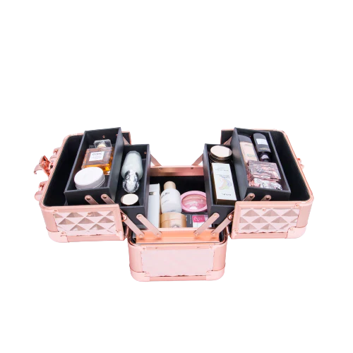 Hair & Makeup Grooming Ensemble for Women: Rose Gold Vanity Case, Vent Hair Styling Brush, Round Hair Brush, Golden Paddle Brush, Makeup Brush Set, Detangling Comb, Travel Powder Brush + Bonus Hair Comb/Brush Cleaner