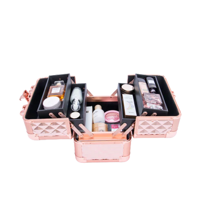 Hair & Makeup Grooming Ensemble for Women: Rose Gold Vanity Case, Vent Hair Styling Brush, Round Hair Brush, Golden Paddle Brush, Makeup Brush Set, Detangling Comb, Travel Powder Brush + Bonus Hair Comb/Brush Cleaner