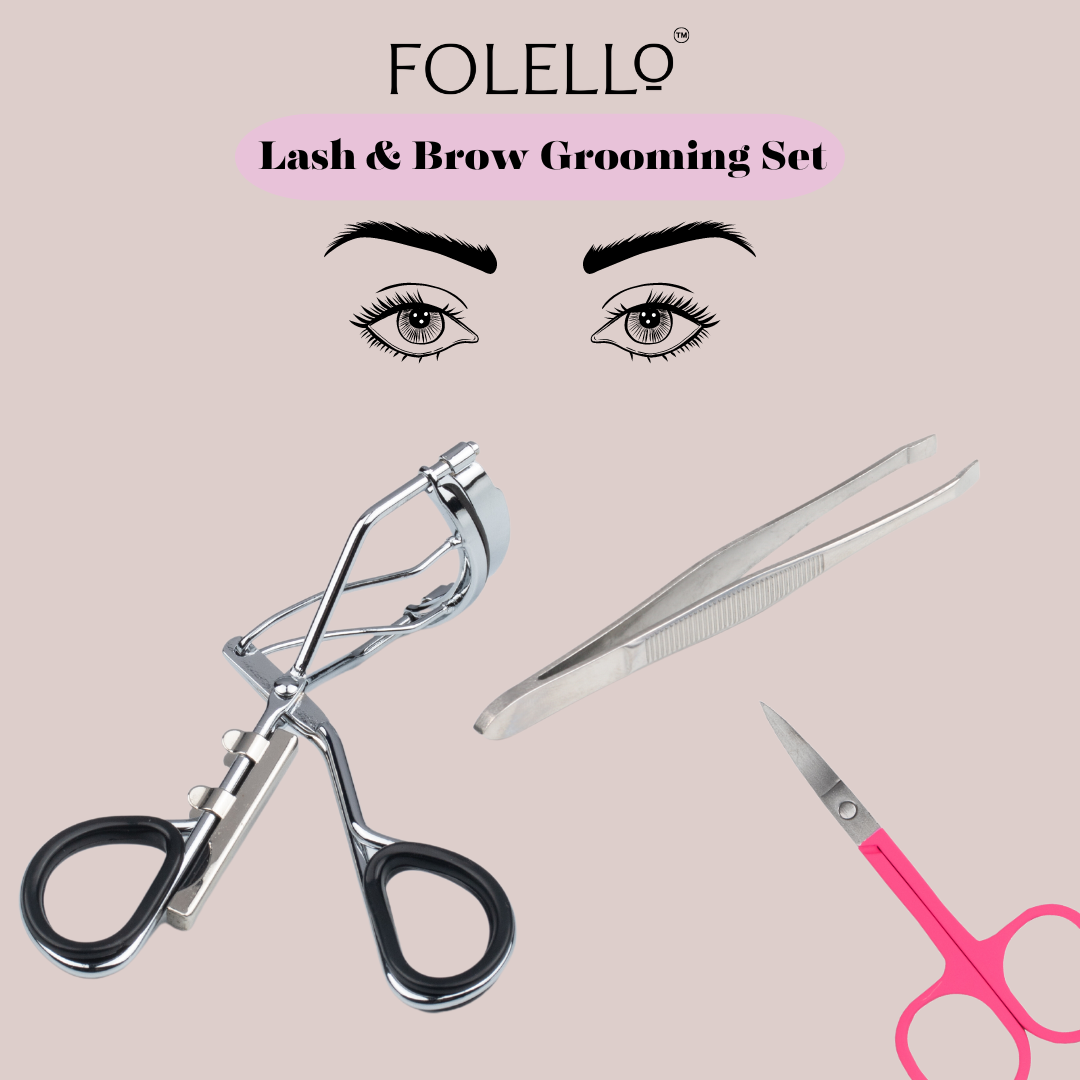 FOLELLO Sparkling Silver Set – Eye Lash Grooming Kit with 1 Eyelash Curler, 1 Tweezer/Plucker for Women Facial Hair and 1 Small Grooming Scissor for Moustache Beard Eyebrow and Nose Hair