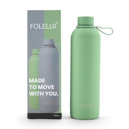 FOLELLO 750ml Stainless Steel Double Layer Vacuum Insulated Water Bottle | Keeps Drinks Cold for 24 Hours & Hot for 12 Hours | Sweat-Free Rubberized Finish | Leakproof & BPA-Free | Perfect for Gym, Office, Travel | Mint Green Design