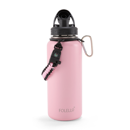 FOLELLO 1L Thermos Steel Double Layer Vacuum Insulated Water Bottle | Keeps Drinks Hot for 12 Hours & Cold for 24 Hours | Includes Rope, Compass, Carabiner, 2 Lids (Straw Lid & Flip-Up Spout Sports Cap) | Perfect for Outdoor | Stylish Pink