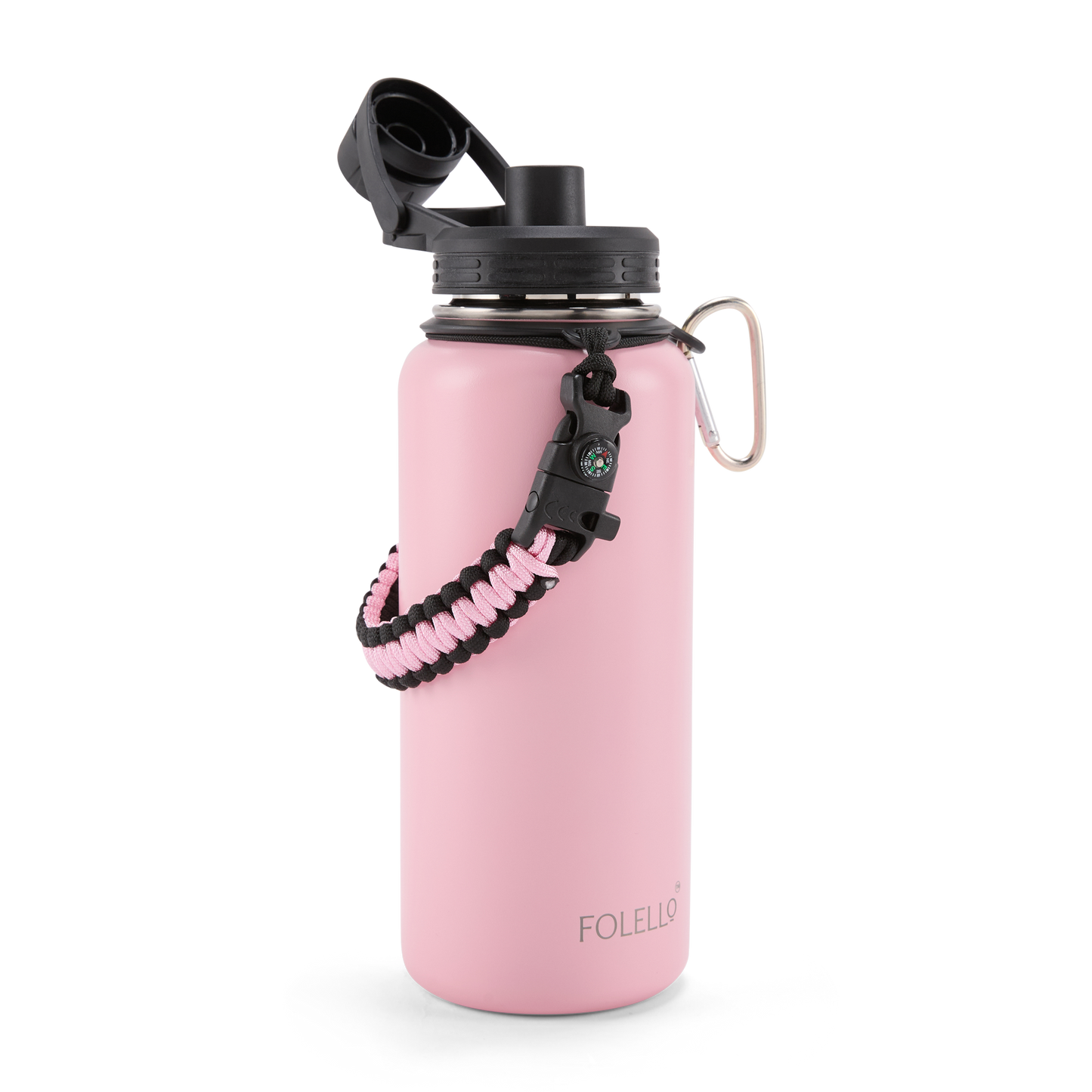FOLELLO 1L Thermos Steel Double Layer Vacuum Insulated Water Bottle | Keeps Drinks Hot for 12 Hours & Cold for 24 Hours | Includes Rope, Compass, Carabiner, 2 Lids (Straw Lid & Flip-Up Spout Sports Cap) | Perfect for Outdoor | Stylish Pink