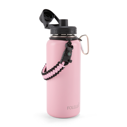 FOLELLO 1L Thermos Steel Double Layer Vacuum Insulated Water Bottle | Keeps Drinks Hot for 12 Hours & Cold for 24 Hours | Includes Rope, Compass, Carabiner, 2 Lids (Straw Lid & Flip-Up Spout Sports Cap) | Perfect for Outdoor | Stylish Pink