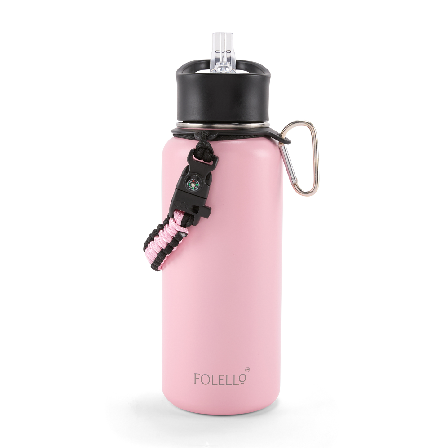 FOLELLO 1L Thermos Steel Double Layer Vacuum Insulated Water Bottle | Keeps Drinks Hot for 12 Hours & Cold for 24 Hours | Includes Rope, Compass, Carabiner, 2 Lids (Straw Lid & Flip-Up Spout Sports Cap) | Perfect for Outdoor | Stylish Pink
