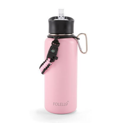 FOLELLO 1L Thermos Steel Double Layer Vacuum Insulated Water Bottle | Keeps Drinks Hot for 12 Hours & Cold for 24 Hours | Includes Rope, Compass, Carabiner, 2 Lids (Straw Lid & Flip-Up Spout Sports Cap) | Perfect for Outdoor | Stylish Pink