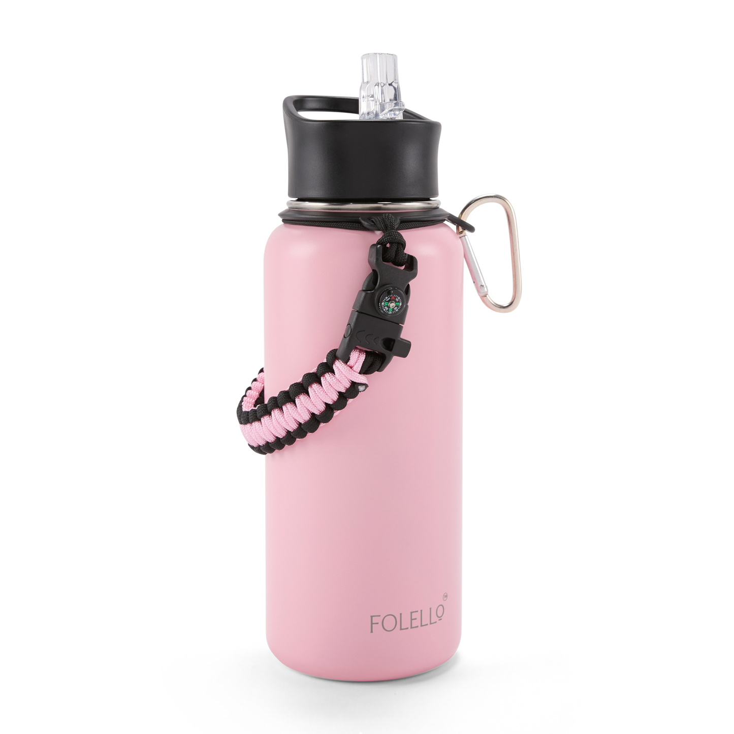 FOLELLO 1L Thermos Steel Double Layer Vacuum Insulated Water Bottle | Keeps Drinks Hot for 12 Hours & Cold for 24 Hours | Includes Rope, Compass, Carabiner, 2 Lids (Straw Lid & Flip-Up Spout Sports Cap) | Perfect for Outdoor | Stylish Pink