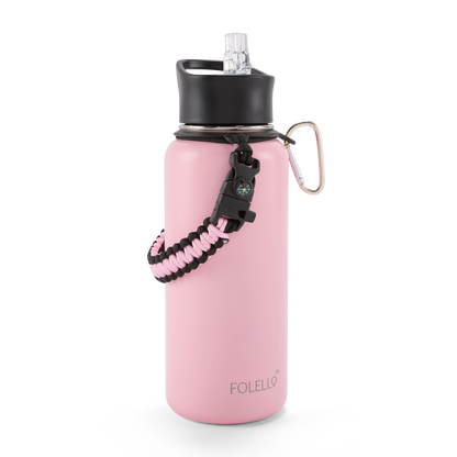 FOLELLO 1L Thermos Steel Double Layer Vacuum Insulated Water Bottle | Keeps Drinks Hot for 12 Hours & Cold for 24 Hours | Includes Rope, Compass, Carabiner, 2 Lids (Straw Lid & Flip-Up Spout Sports Cap) | Perfect for Outdoor | Stylish Pink