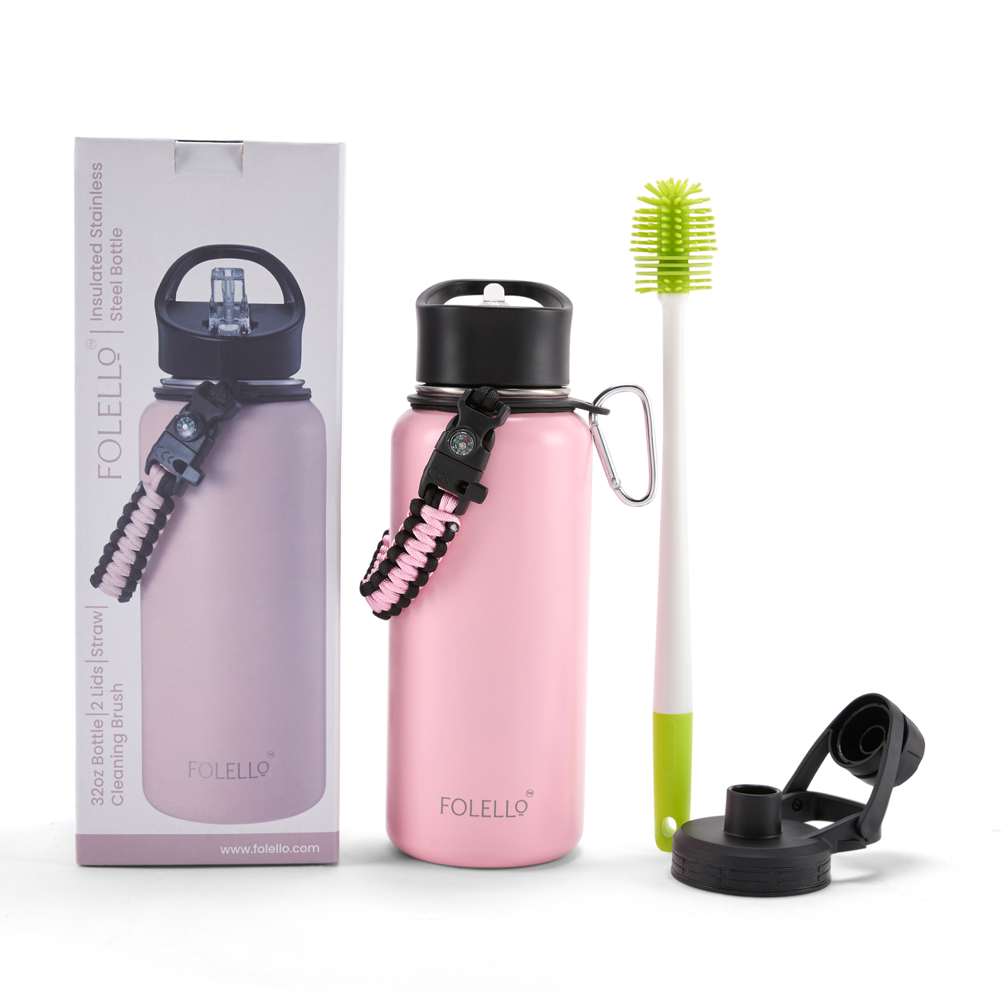 FOLELLO 1L Thermos Steel Double Layer Vacuum Insulated Water Bottle | Keeps Drinks Hot for 12 Hours & Cold for 24 Hours | Includes Rope, Compass, Carabiner, 2 Lids (Straw Lid & Flip-Up Spout Sports Cap) | Perfect for Outdoor | Stylish Pink