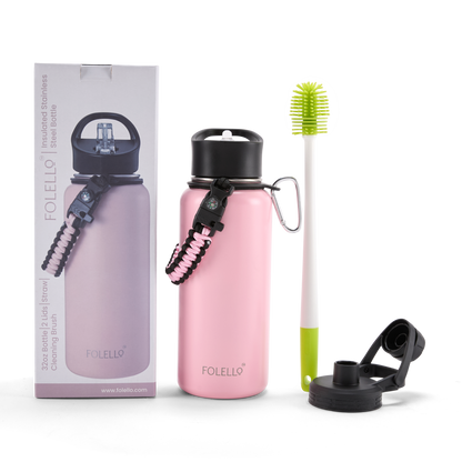 FOLELLO 1L Thermos Steel Double Layer Vacuum Insulated Water Bottle | Keeps Drinks Hot for 12 Hours & Cold for 24 Hours | Includes Rope, Compass, Carabiner, 2 Lids (Straw Lid & Flip-Up Spout Sports Cap) | Perfect for Outdoor | Stylish Pink