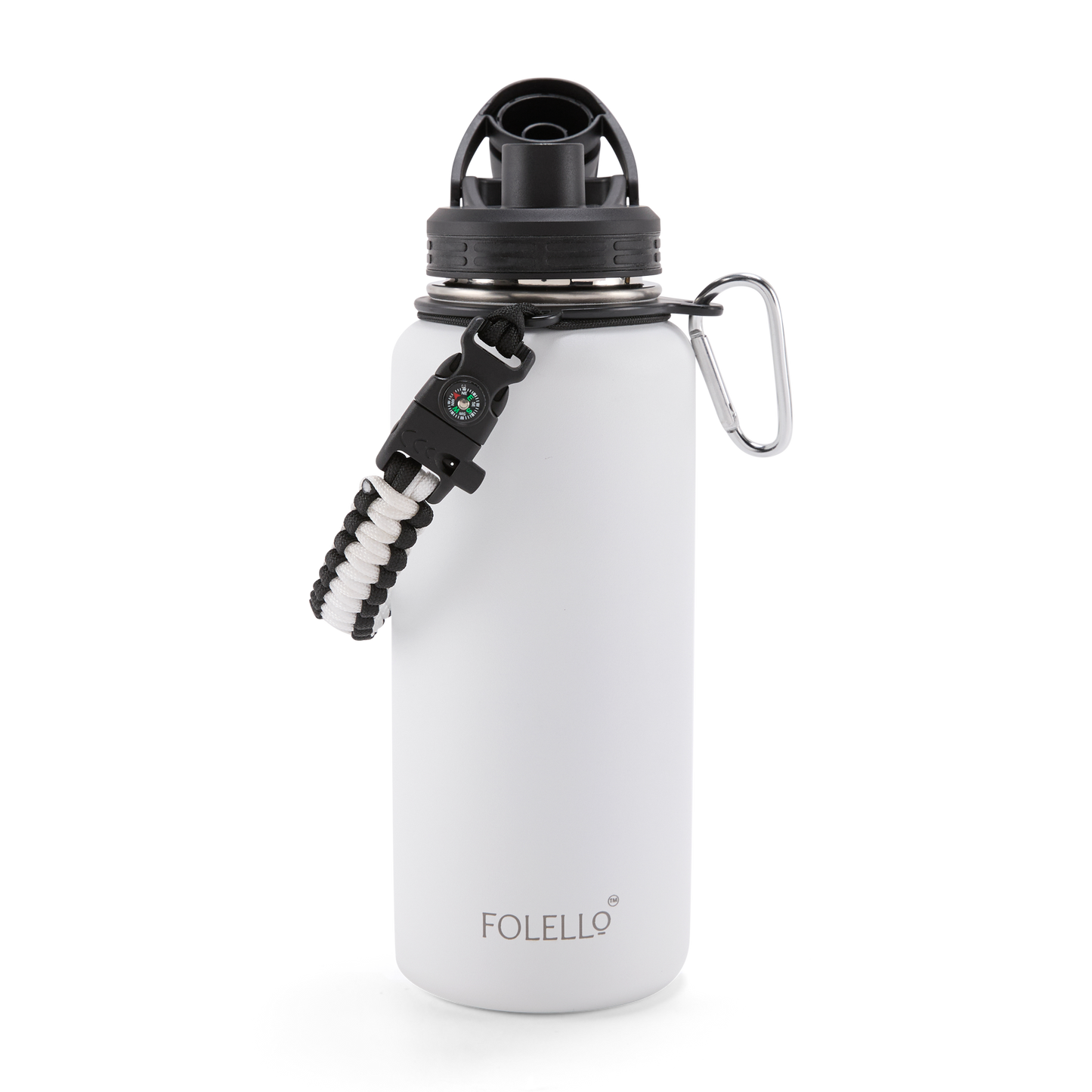 FOLELLO 1L Thermos Steel Double Layer Vacuum Insulated Water Bottle | Keeps Drinks Hot for 12 Hours & Cold for 24 Hours | Includes Rope, Compass, Carabiner, 2 Lids (Straw Lid & Flip-Up Spout Sports Cap) | Perfect for Outdoor | Elegante White