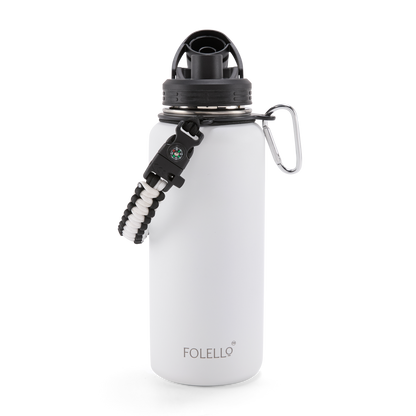 FOLELLO 1L Thermos Steel Double Layer Vacuum Insulated Water Bottle | Keeps Drinks Hot for 12 Hours & Cold for 24 Hours | Includes Rope, Compass, Carabiner, 2 Lids (Straw Lid & Flip-Up Spout Sports Cap) | Perfect for Outdoor | Elegante White