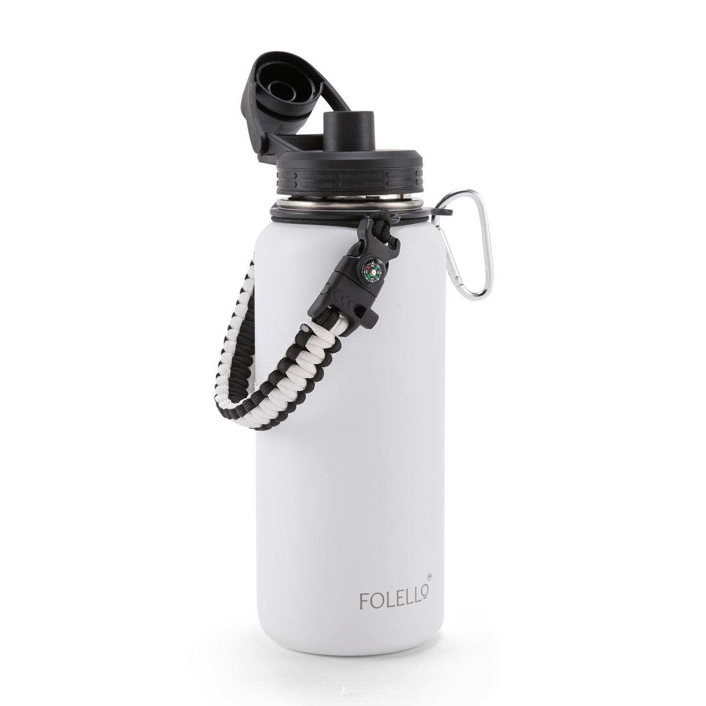 FOLELLO 1L Thermos Steel Double Layer Vacuum Insulated Water Bottle | Keeps Drinks Hot for 12 Hours & Cold for 24 Hours | Includes Rope, Compass, Carabiner, 2 Lids (Straw Lid & Flip-Up Spout Sports Cap) | Perfect for Outdoor | Elegante White