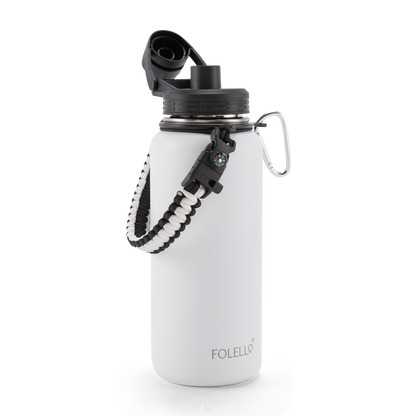 FOLELLO 1L Thermos Steel Double Layer Vacuum Insulated Water Bottle | Keeps Drinks Hot for 12 Hours & Cold for 24 Hours | Includes Rope, Compass, Carabiner, 2 Lids (Straw Lid & Flip-Up Spout Sports Cap) | Perfect for Outdoor | Elegante White