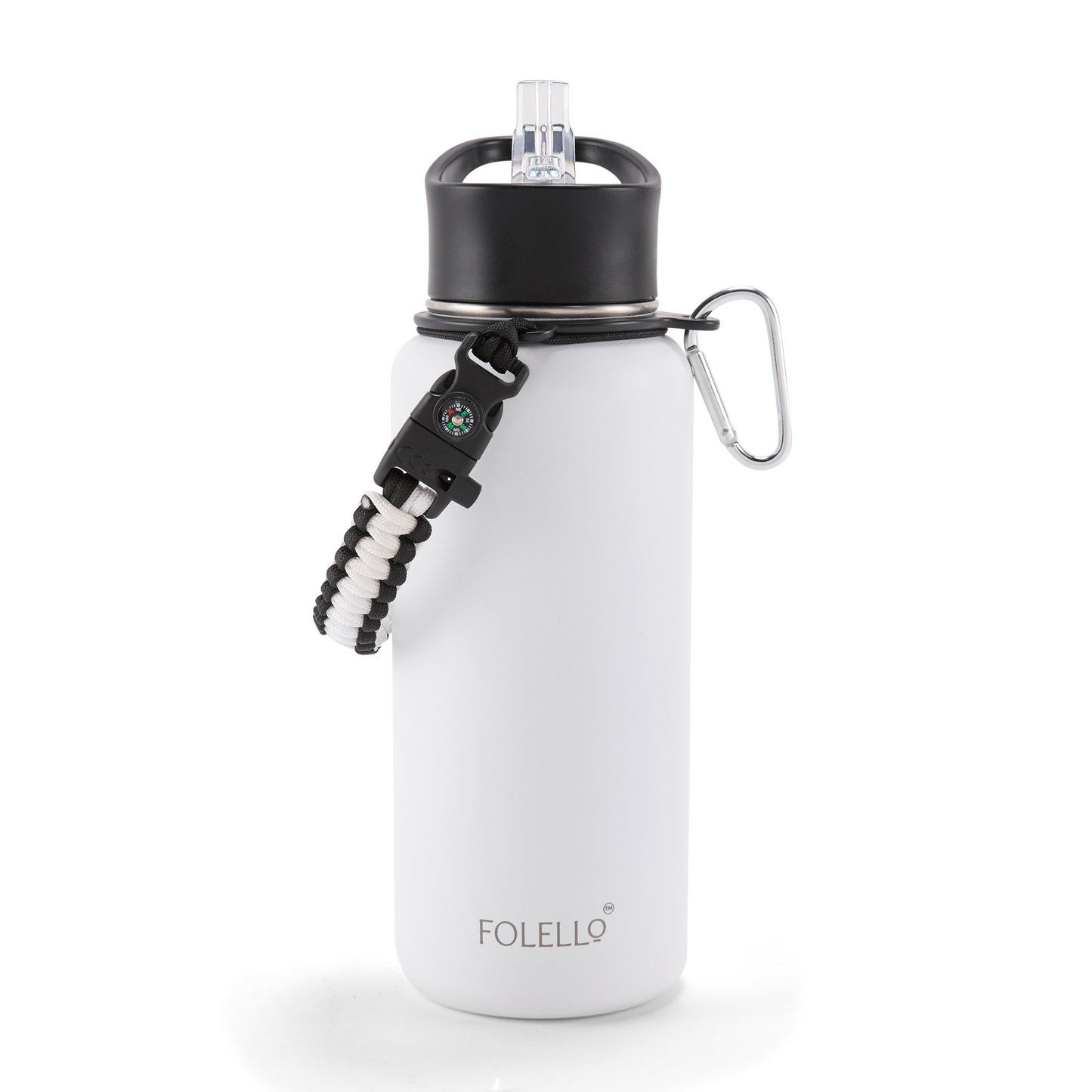FOLELLO 1L Thermos Steel Double Layer Vacuum Insulated Water Bottle | Keeps Drinks Hot for 12 Hours & Cold for 24 Hours | Includes Rope, Compass, Carabiner, 2 Lids (Straw Lid & Flip-Up Spout Sports Cap) | Perfect for Outdoor | Elegante White