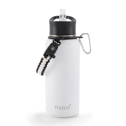 FOLELLO 1L Thermos Steel Double Layer Vacuum Insulated Water Bottle | Keeps Drinks Hot for 12 Hours & Cold for 24 Hours | Includes Rope, Compass, Carabiner, 2 Lids (Straw Lid & Flip-Up Spout Sports Cap) | Perfect for Outdoor | Elegante White