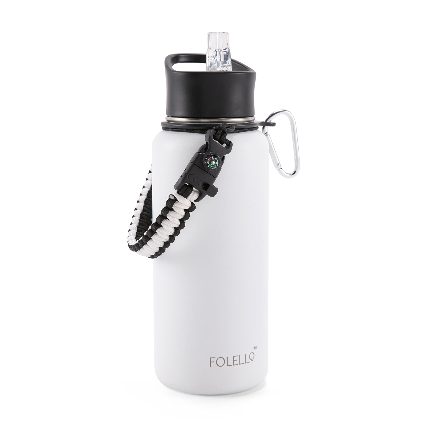 FOLELLO 1L Thermos Steel Double Layer Vacuum Insulated Water Bottle | Keeps Drinks Hot for 12 Hours & Cold for 24 Hours | Includes Rope, Compass, Carabiner, 2 Lids (Straw Lid & Flip-Up Spout Sports Cap) | Perfect for Outdoor | Elegante White