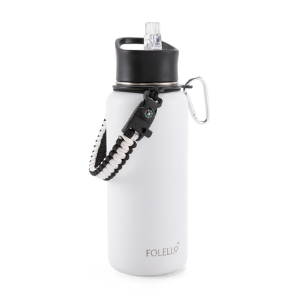 FOLELLO 1L Thermos Steel Double Layer Vacuum Insulated Water Bottle | Keeps Drinks Hot for 12 Hours & Cold for 24 Hours | Includes Rope, Compass, Carabiner, 2 Lids (Straw Lid & Flip-Up Spout Sports Cap) | Perfect for Outdoor | Elegante White