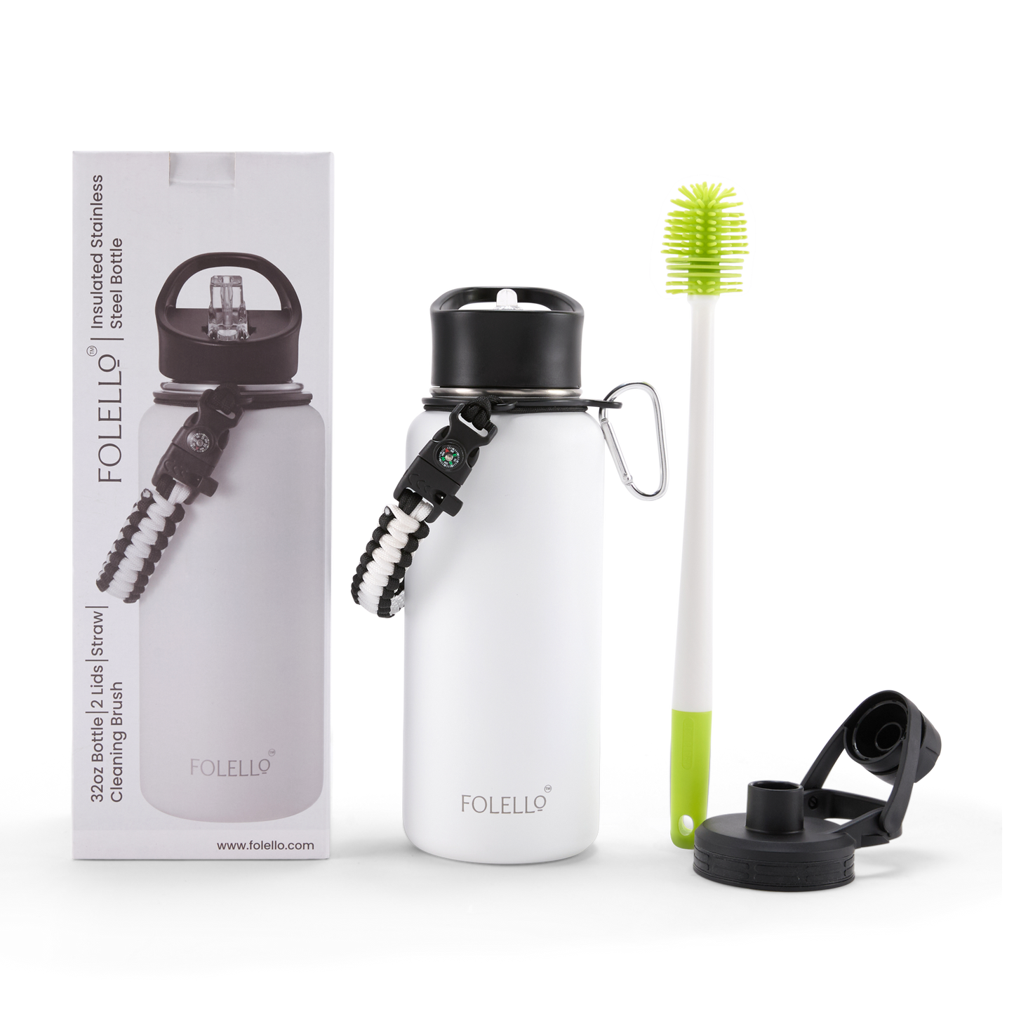 FOLELLO 1L Thermos Steel Double Layer Vacuum Insulated Water Bottle | Keeps Drinks Hot for 12 Hours & Cold for 24 Hours | Includes Rope, Compass, Carabiner, 2 Lids (Straw Lid & Flip-Up Spout Sports Cap) | Perfect for Outdoor | Elegante White
