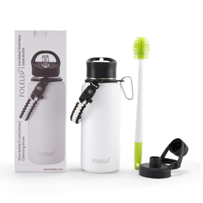 FOLELLO 1L Thermos Steel Double Layer Vacuum Insulated Water Bottle | Keeps Drinks Hot for 12 Hours & Cold for 24 Hours | Includes Rope, Compass, Carabiner, 2 Lids (Straw Lid & Flip-Up Spout Sports Cap) | Perfect for Outdoor | Elegante White