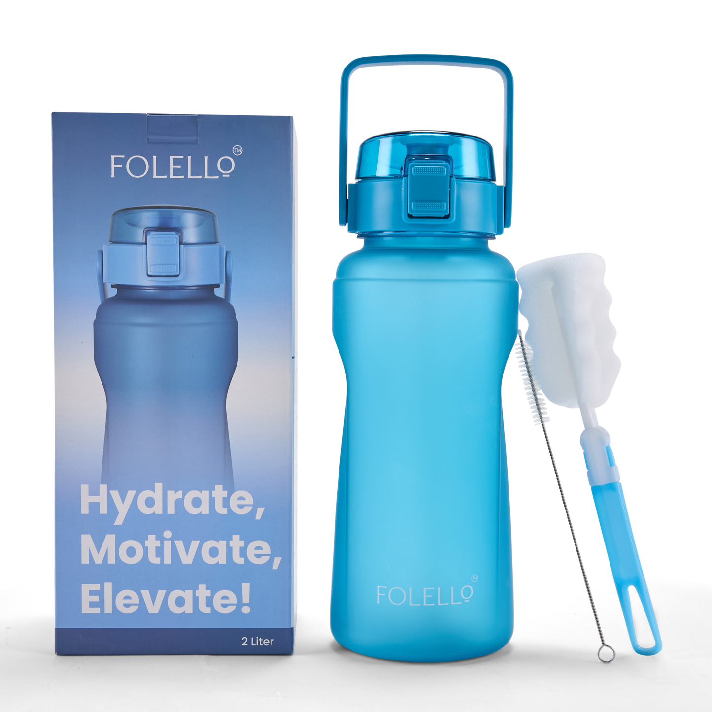 FOLELLO 2L Sports Water Bottle with Motivational Time Marker | Leakproof & Durable BPA-Free Plastic | Wide Mouth Design with Carry Handle | Perfect for Gym, Office, Travel | Stylish Blue 2 Litre Bottle