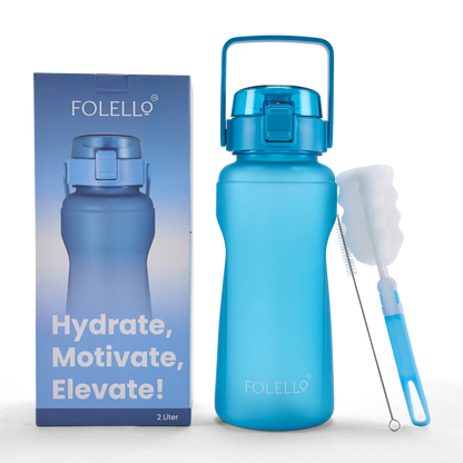 FOLELLO 2L Sports Water Bottle with Motivational Time Marker | Leakproof & Durable BPA-Free Plastic | Wide Mouth Design with Carry Handle | Perfect for Gym, Office, Travel | Stylish Blue 2 Litre Bottle