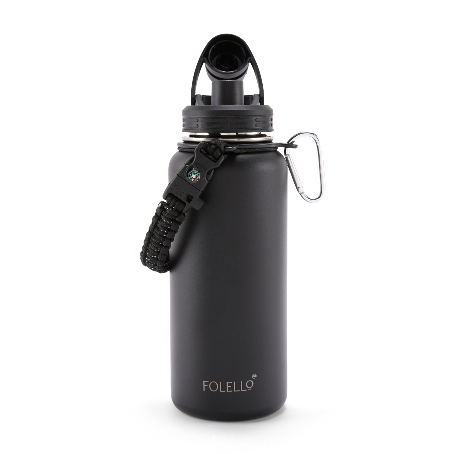 FOLELLO 1L Thermos Steel Double Layer Vacuum Insulated Water Bottle | Keeps Drinks Hot for 12 Hours & Cold for 24 Hours | Includes Rope, Compass, Carabiner, 2 Lids (Straw Lid & Flip-Up Spout Sports Cap) | Perfect for Outdoor | Elegante Black