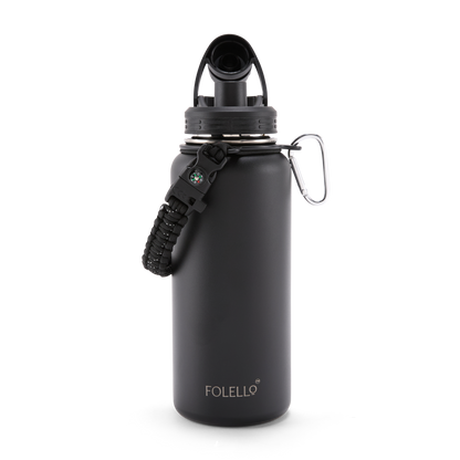 FOLELLO 1L Thermos Steel Double Layer Vacuum Insulated Water Bottle | Keeps Drinks Hot for 12 Hours & Cold for 24 Hours | Includes Rope, Compass, Carabiner, 2 Lids (Straw Lid & Flip-Up Spout Sports Cap) | Perfect for Outdoor | Elegante Black