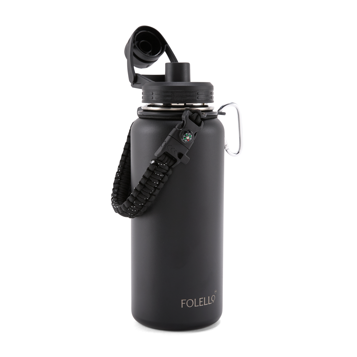 FOLELLO 1L Thermos Steel Double Layer Vacuum Insulated Water Bottle | Keeps Drinks Hot for 12 Hours & Cold for 24 Hours | Includes Rope, Compass, Carabiner, 2 Lids (Straw Lid & Flip-Up Spout Sports Cap) | Perfect for Outdoor | Elegante Black