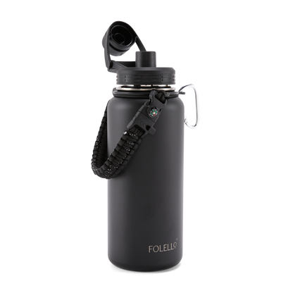 FOLELLO 1L Thermos Steel Double Layer Vacuum Insulated Water Bottle | Keeps Drinks Hot for 12 Hours & Cold for 24 Hours | Includes Rope, Compass, Carabiner, 2 Lids (Straw Lid & Flip-Up Spout Sports Cap) | Perfect for Outdoor | Elegante Black